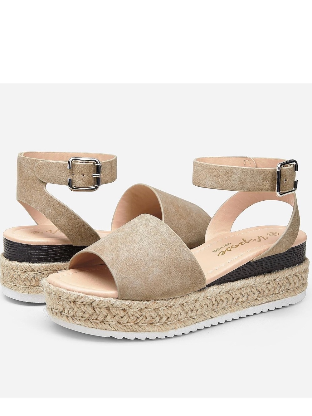 Vepose Taupe Ankle-Strap Espadrille Platform Sandals